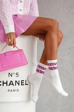 Hot Skarpetki Damskie Dwa Cętkowane Paski Biało-Różowe Skarpetki|Skarpetki