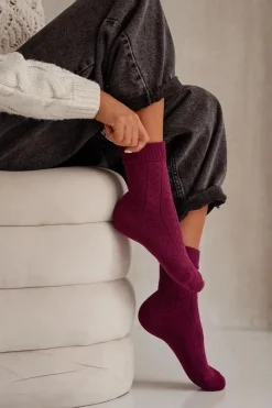 New Milena Skarpetki Damskie Frotte Zygzak Bordowe Czerwony