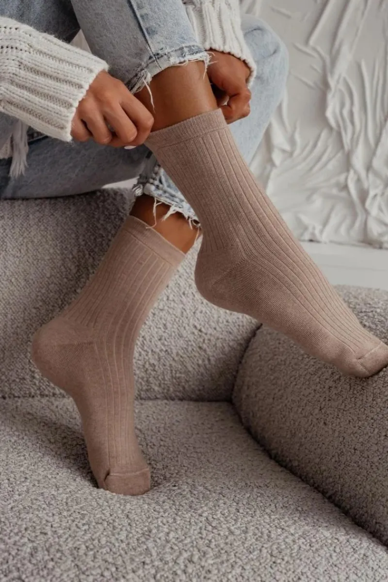 Clearance Skarpetki Damskie Frotte W Prążek Beżowe Skarpetki|Skarpetki