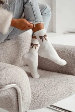 Skarpetki|Skarpetki>Milena Skarpetki Damskie Frotte Cętkowana Kokarda Ecru