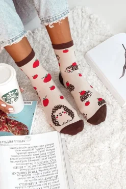 New Milena Skarpetki Damskie Jeże I Jabłka Beżowe