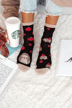 New Skarpetki Damskie Jeże I Jabłka Czarne Skarpetki|Skarpetki