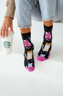 Outlet Milena Skarpetki Damskie Kolorowe Koty i Kropki Czarne