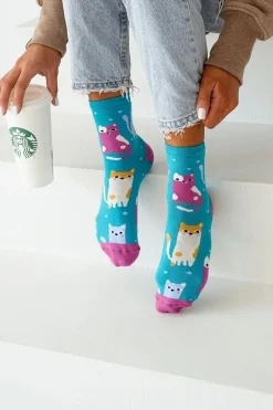 Skarpetki|Skarpetki>Milena Skarpetki Damskie Kolorowe Koty i Kropki Turkusowe