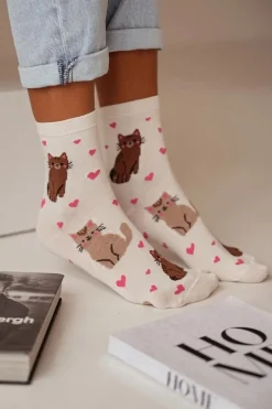 Skarpetki|Skarpetki>Milena Skarpetki Damskie Kotki I Serca Ecru Biały
