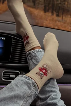 New Milena Skarpetki Damskie Miś w Sweterku Beżowe Beżowy