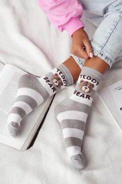 Hot Skarpetki Damskie W Paski Teddy Bear Szare Skarpetki|Skarpetki