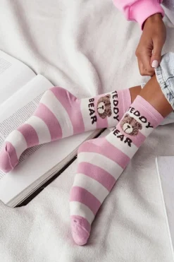Skarpetki|Skarpetki>Milena Skarpetki Damskie W Paski Teddy Bear Różowo-Białe