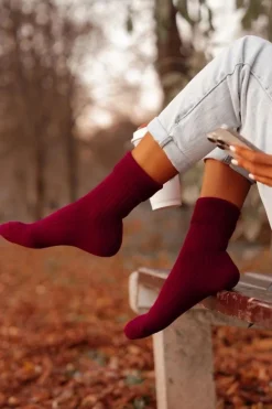 Hot Skarpetki Damskie Wełniane Bordowe Skarpetki|Skarpetki