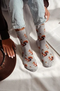 Hot Skarpetki Damskie Wiewiórki I Orzechy Szary Melanż Skarpetki|Skarpetki