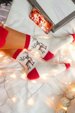 Clearance Skarpetki Damskie Świąteczne Renifer i Kropki Ecru Skarpetki|Skarpetki