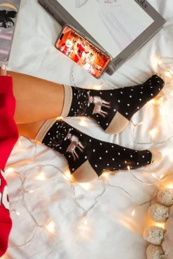 Outlet Skarpetki Damskie Świąteczne Renifer i Kropki Czarne Skarpetki|Skarpetki