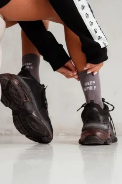 Clearance Milena Skarpetki Damskie Z Napisem Keep Smile Grafitowe