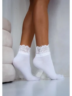 Skarpetki|Skarpetki>Milena Skarpetki Damskie Z Szeroką Koronką Białe Biały