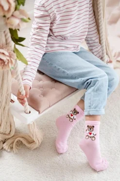 New Skarpetki Dziecięce Młodzieżowe Miś Różowe Skarpetki|Skarpetki