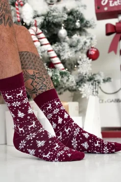Hot Milena Skarpetki Męskie Świąteczne Norweski Wzór Bordowe