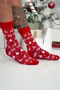 Clearance Milena Skarpetki Męskie Świąteczne Norweski Wzór Czerwone Czerwony