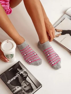 Skarpetki Stopki Damskie Bawełniane Pandy I Paski Szare Skarpetki|Skarpetki