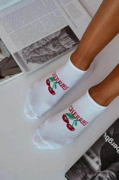 New Skarpetki Stopki Damskie CHERRIES Białe Skarpetki|Skarpetki