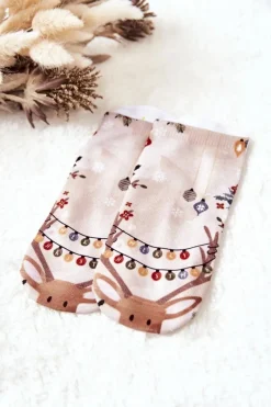 Hot Skarpetki Stopki Renifer Merry Christmas Beżowe Skarpetki|Skarpetki