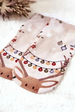 Hot Skarpetki Stopki Renifer Merry Christmas Beżowe Skarpetki|Skarpetki