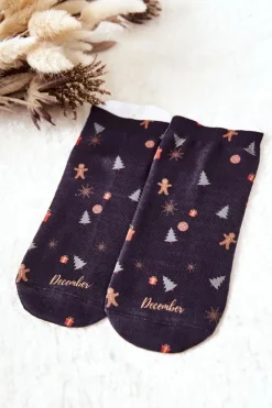 Outlet Skarpetki Stopki Świąteczny Wzór Czarne Skarpetki|Skarpetki