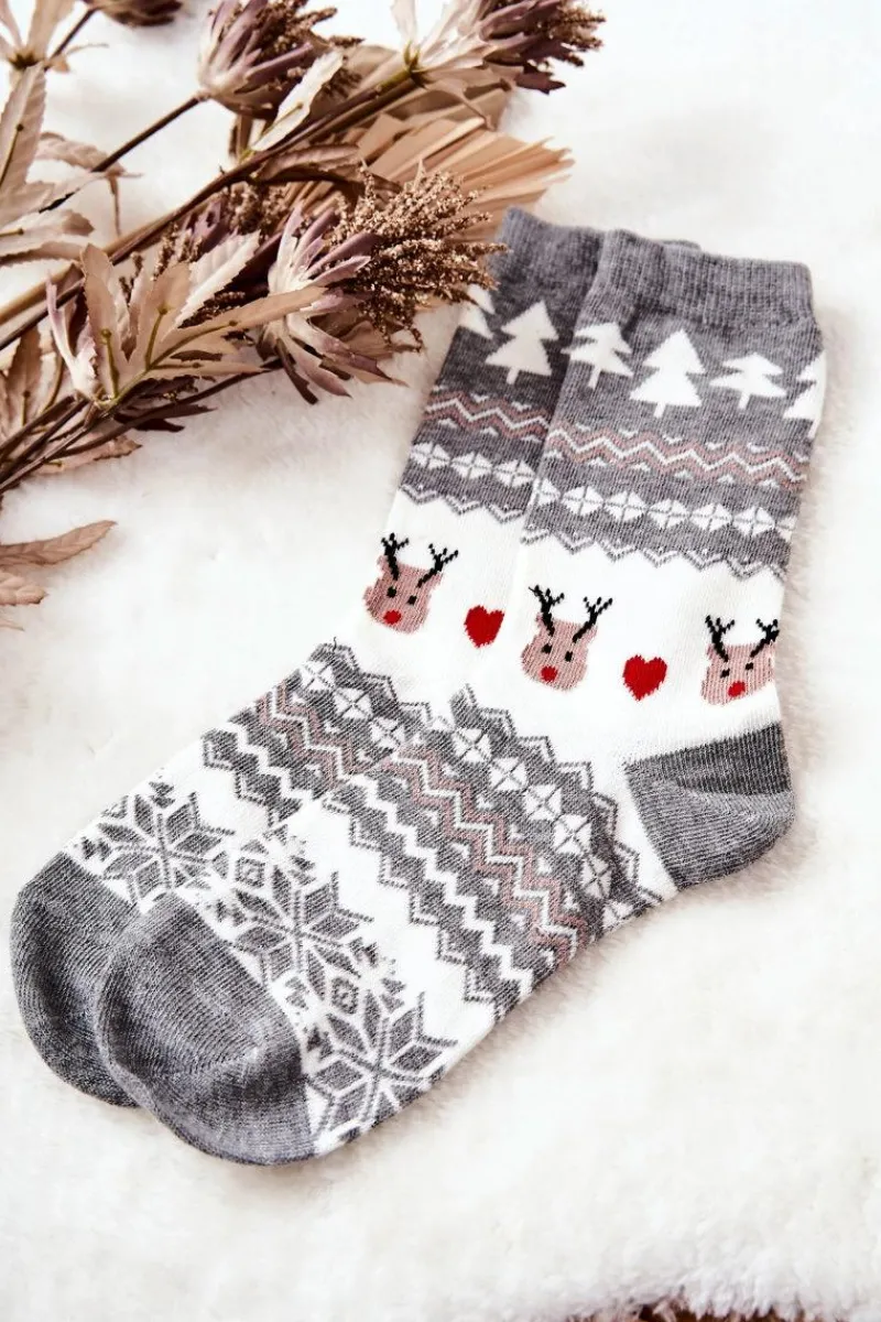 Outlet Skarpetki W Świąteczny Wzór Szaro-Białe Skarpetki|Skarpetki
