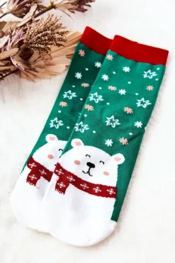 Skarpetki|Skarpetki>Aura.via Skarpetki Świąteczne Miś Zielone