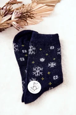 Discount Aura.via Skarpetki Świąteczne Śnieżynki Granatowe