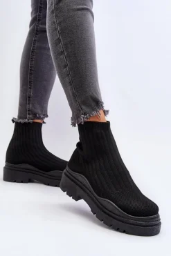 Online Skarpetkowe Botki Na Masywnej Podeszwie Wsuwane Damskie Czarne Elipara Damskie Botki Wiosenne|Botki Sznurowane