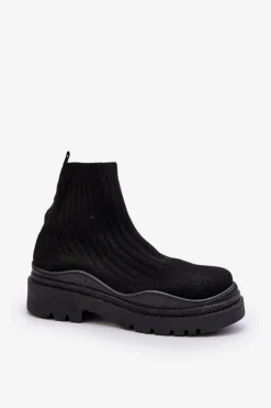 Online Skarpetkowe Botki Na Masywnej Podeszwie Wsuwane Damskie Czarne Elipara Damskie Botki Wiosenne|Botki Sznurowane