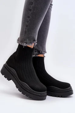 Online Skarpetkowe Botki Na Masywnej Podeszwie Wsuwane Damskie Czarne Elipara Damskie Botki Wiosenne|Botki Sznurowane