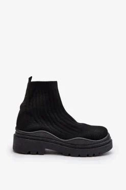 Online Skarpetkowe Botki Na Masywnej Podeszwie Wsuwane Damskie Czarne Elipara Damskie Botki Wiosenne|Botki Sznurowane