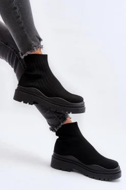 Online Skarpetkowe Botki Na Masywnej Podeszwie Wsuwane Damskie Czarne Elipara Damskie Botki Wiosenne|Botki Sznurowane