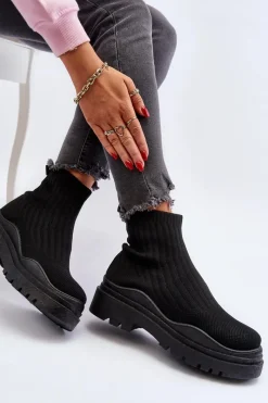 Online Skarpetkowe Botki Na Masywnej Podeszwie Wsuwane Damskie Czarne Elipara Damskie Botki Wiosenne|Botki Sznurowane