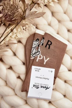 Skarpetki|Skarpetki>Aura.via Skarpety Damskie Bawełniane Z Napisem I Misiem Jasnobrązowe Brązowy