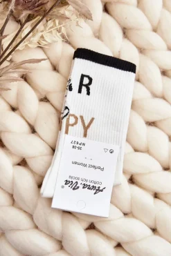 Skarpetki|Skarpetki>Aura.via Skarpety Damskie Bawełniane Z Napisem I Misiem Białe