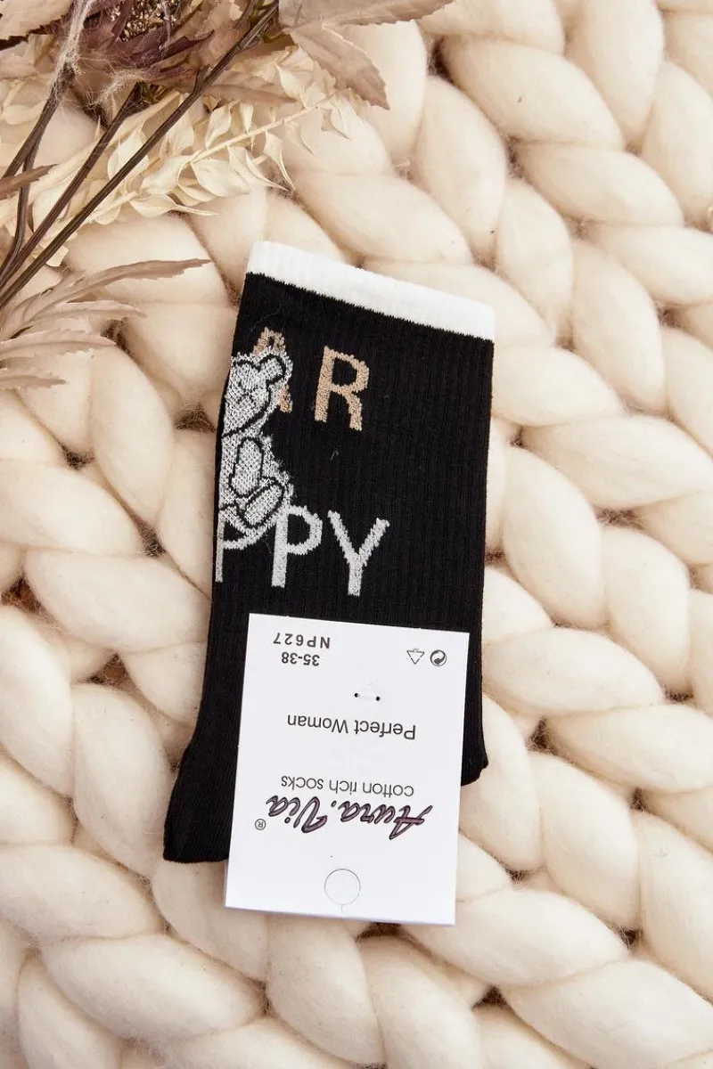 Outlet Aura.via Skarpety Damskie Bawełniane Z Napisem I Misiem Czarne Czarny