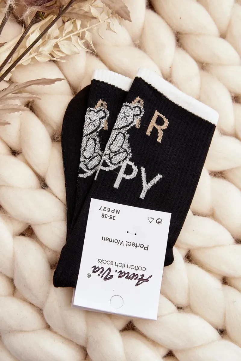 Outlet Aura.via Skarpety Damskie Bawełniane Z Napisem I Misiem Czarne Czarny