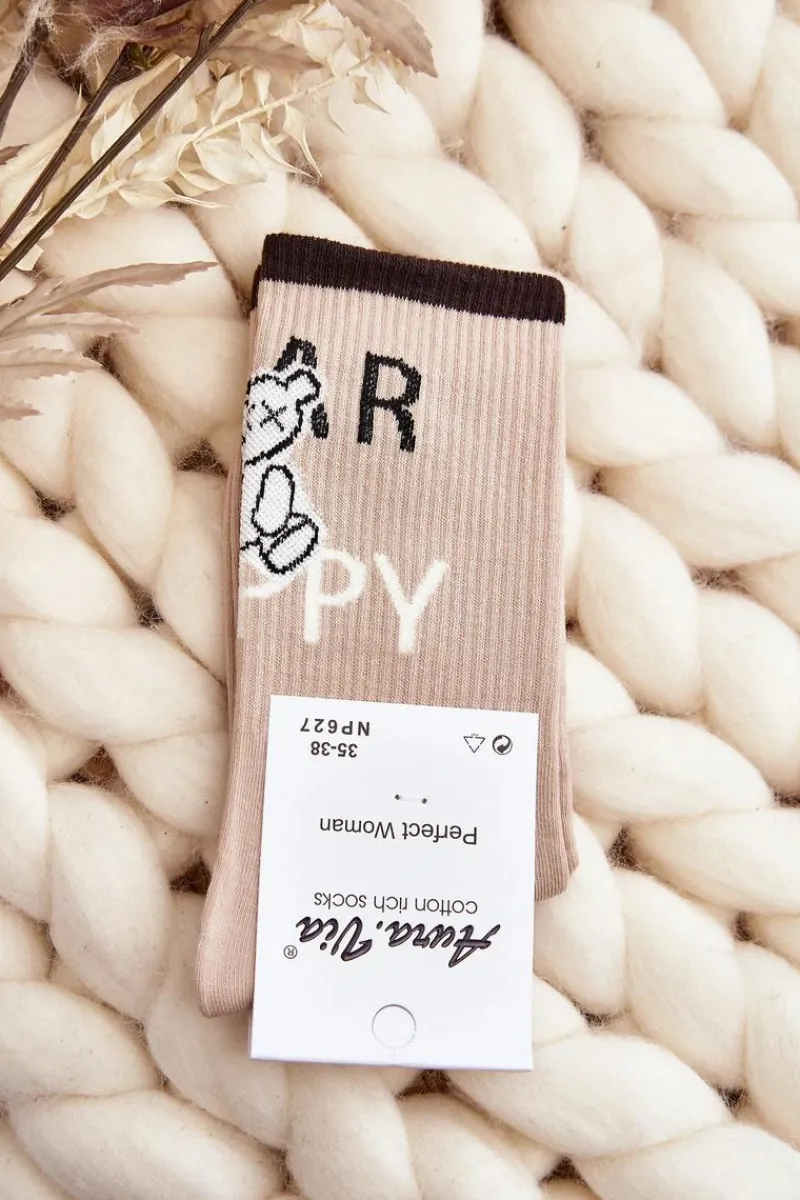 Sale Aura.via Skarpety Damskie Bawełniane Z Napisem I Misiem Beżowe