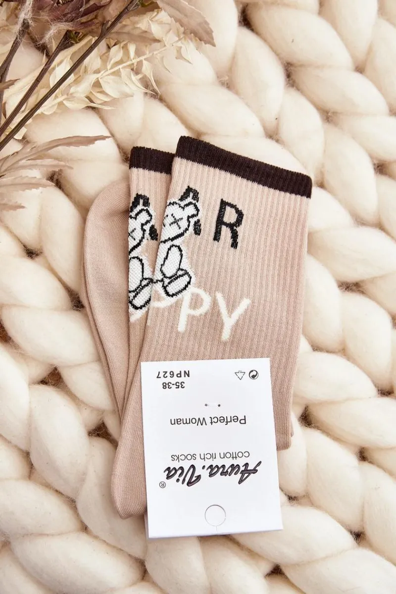 Sale Aura.via Skarpety Damskie Bawełniane Z Napisem I Misiem Beżowe