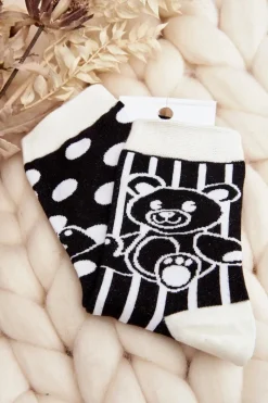 Best Aura.via Skarpety Damskie Nie Do Pary Z Misiem Biało-Czarne