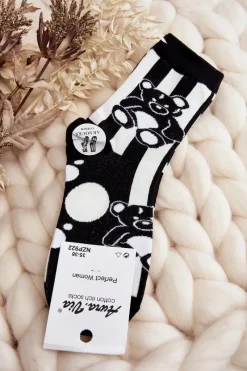 Outlet Skarpety Damskie Nie Do Pary Z Misiem Czarno-Białe - Wzór 3 Skarpetki|Skarpetki