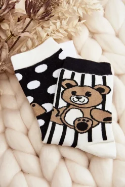 Skarpetki|Skarpetki>Aura.via Skarpety Damskie Nie Do Pary Z Misiem Czarno-Białe - Wzór 1