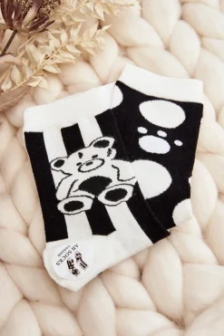 Clearance Aura.via Skarpety Damskie Nie Do Pary Z Misiem Czarno-Białe - Wzór 5