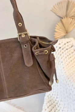 Torebki Klasyczne>Boto Skórzana Zamszowa Torebka Beżowa Ilienne Beżowy