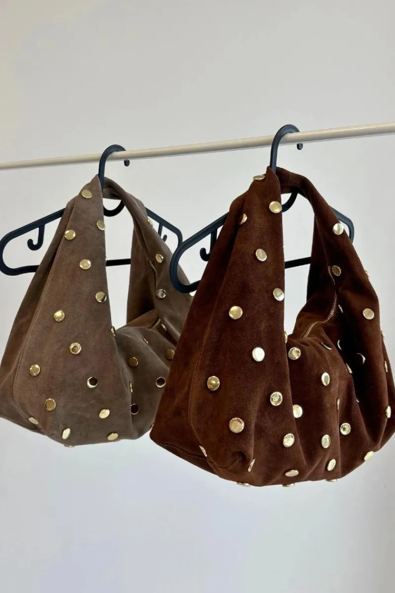 Torebki Klasyczne>Boto Skórzana Zamszowa Torebka Ze Zdobieniem Ciemnobeżowa Narisse Beżowy