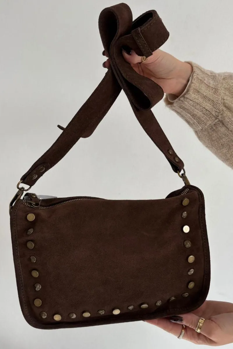 Sale Boto Skórzana Zamszowa Torebka Zdobiona Dżetami Czekoladowa Savra Brązowy