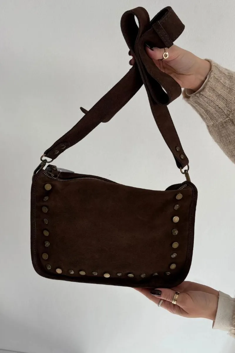 Sale Boto Skórzana Zamszowa Torebka Zdobiona Dżetami Czekoladowa Savra Brązowy