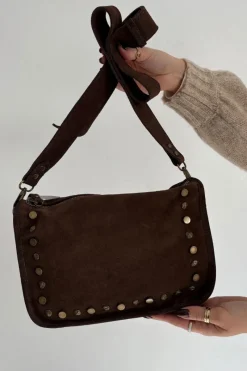 Sale Boto Skórzana Zamszowa Torebka Zdobiona Dżetami Czekoladowa Savra Brązowy
